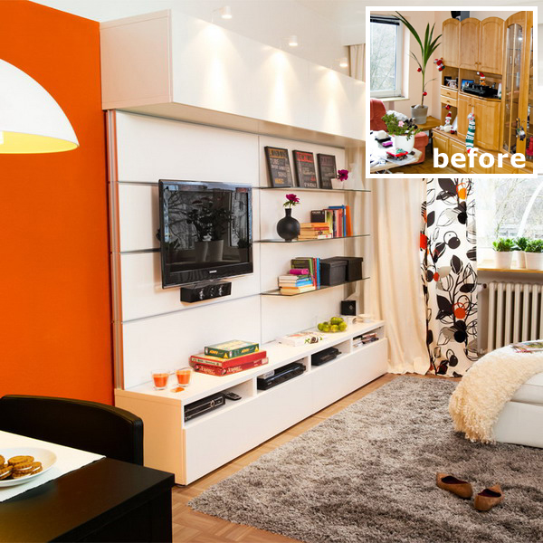 Обновление гостиной для молодой пары: с умной мебелью ИКЕА и оранжевой стеной