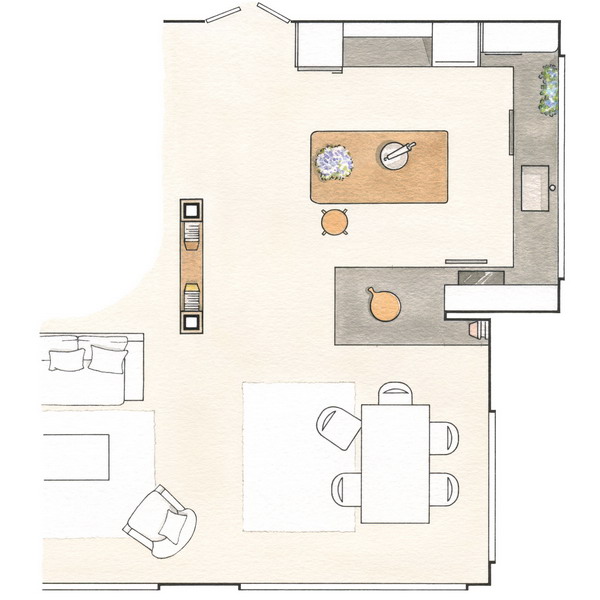 Открытая планировка: 2 гостиные с прилегающими зонами, идеи и планы комнат