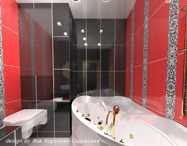 Дизайн ванных комнат в черной и красной плитке